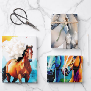 Watercolor Galloping Horses in Open Field Wrapping Paper Sheets