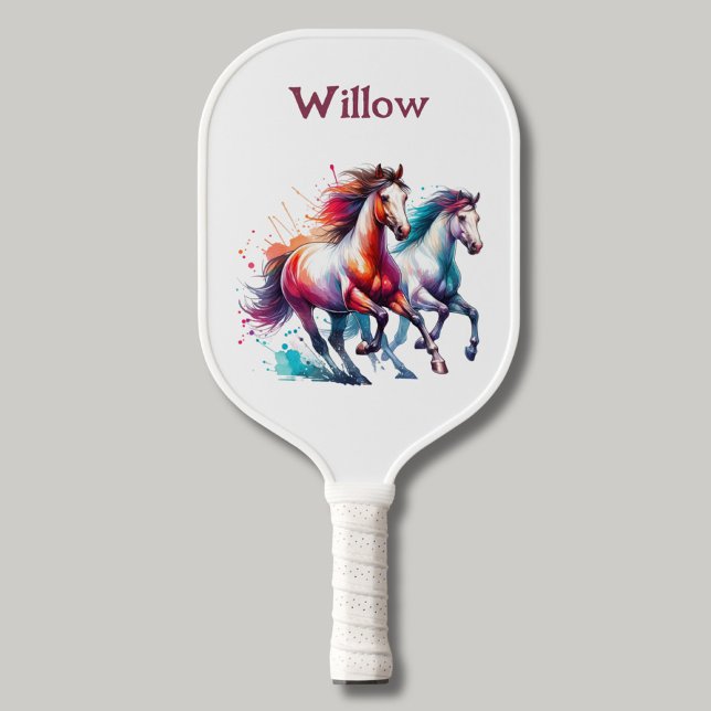 Watercolor Galloping Horses Modern Monogram Pickleball Paddle (Creator Uploaded)
