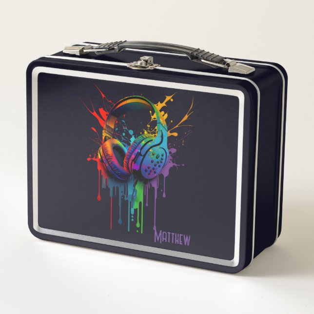 Watercolor Gaming Headset Graphic Personalized Metal Lunch Box (Front)