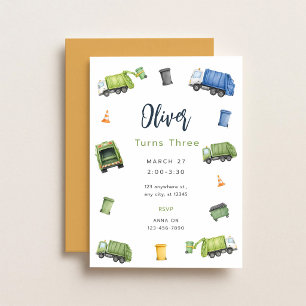 Watercolor Garbage Truck 3rd Birthday Invitation
