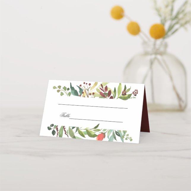 Watercolor Garden Border and Burgundy Place Card (Front)