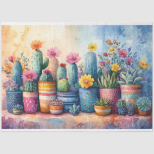 Watercolor Garden Cactus and Flowers Decoupage Tissue Paper