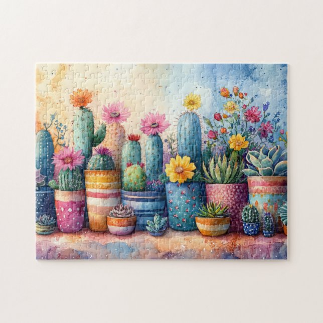 Watercolor Garden Cactus and Flowers Jigsaw Puzzle (Horizontal)