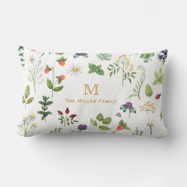 Watercolor Garden Family Monogram Personalized Lumbar Pillow (Front)