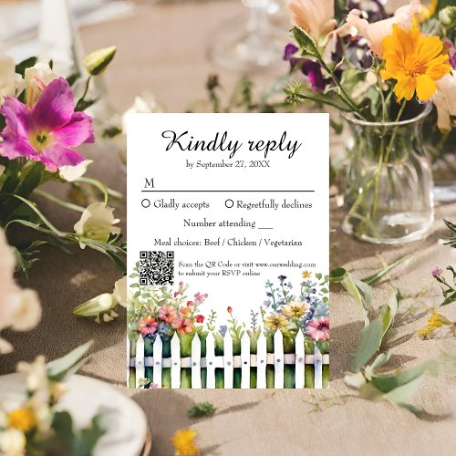 Watercolor Garden Fence Wildflower Wedding QR Code RSVP Card