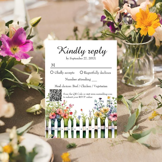 Watercolor Garden Fence Wildflower Wedding QR Code RSVP Card (Creator Uploaded)