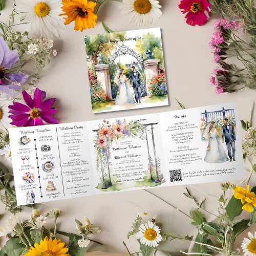 Watercolor Garden Fence Wildflower Wedding QR Code Tri_Fold Invitation