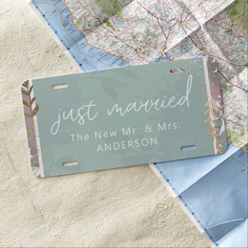 Watercolor Garden Floral Wedding Just Married License Plate