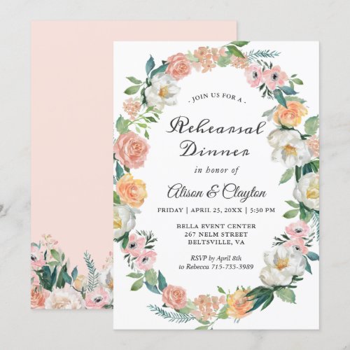 Watercolor Garden Floral Wreath Rehearsal Dinner Invitation