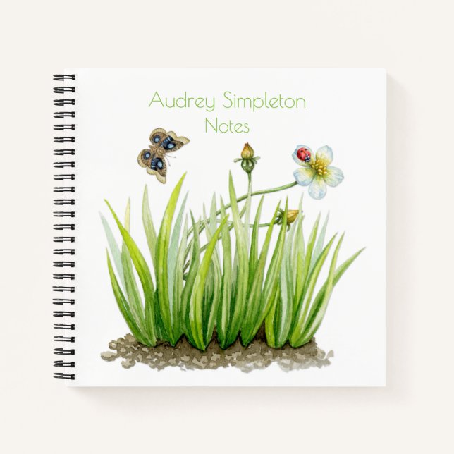 Watercolor Garden Flower Butterfly Grass Square | Notebook (Front)