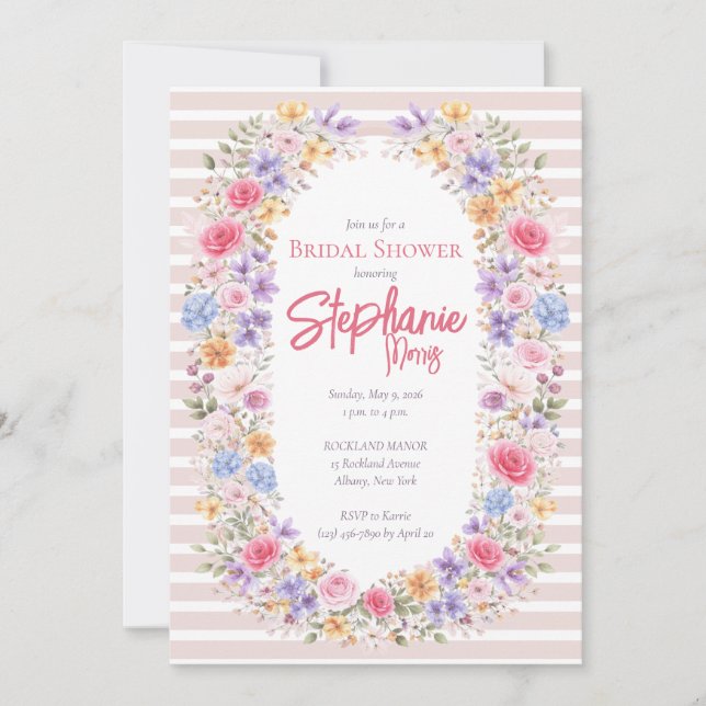 Watercolor Garden Flower Frame Striped Invitation (Front)