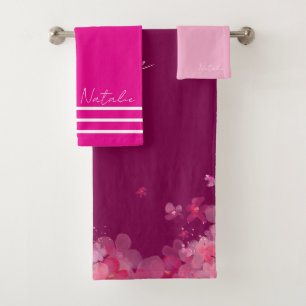 Watercolor garden flower hot pink wine name bath towel set
