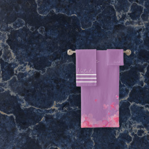 Watercolor garden flower lavender name  bath towel set