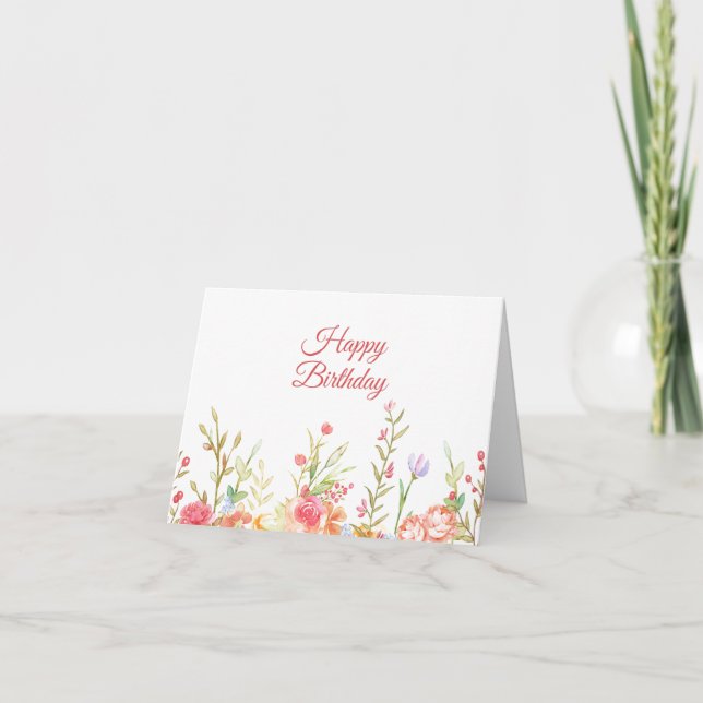 Watercolor Garden Flowers Border Birthday Card (Front)