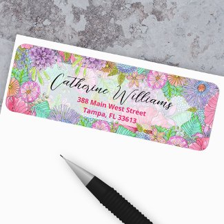 Watercolor Garden Flowers Botanical Return Address