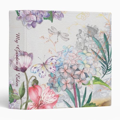 Watercolor Garden Flowers Butterfly Dragonfly 3 Ring Binder
