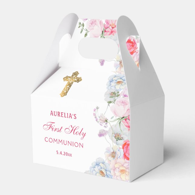 Watercolor Garden Flowers First Communion Gable Favor Boxes (Front Side)