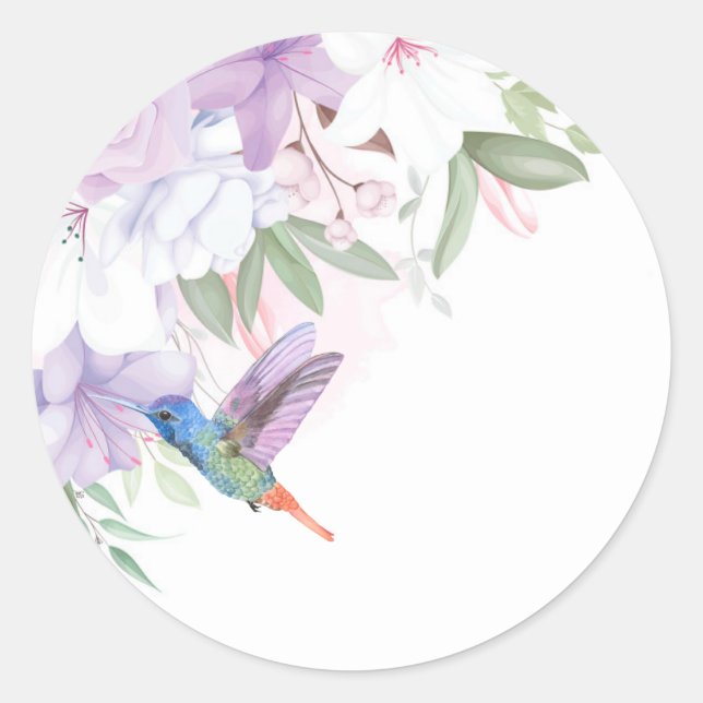 Watercolor Garden Flowers Hummingbird Bird Classic Round Sticker (Front)