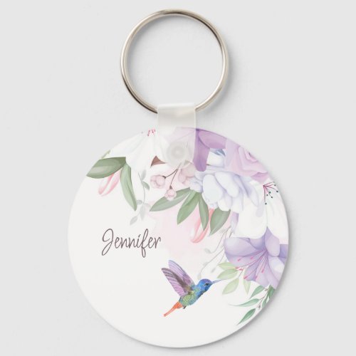 Watercolor Garden Flowers Hummingbird Bird  Keychain