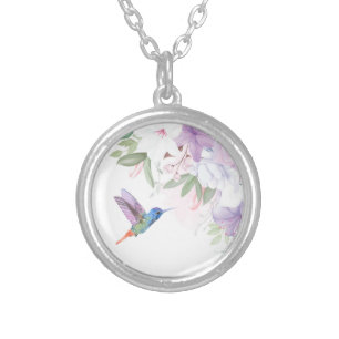 Watercolor Garden Flowers Hummingbird Bird Silver Plated Necklace