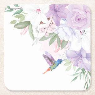 Watercolor Garden Flowers Hummingbird Bird Square Paper Coaster