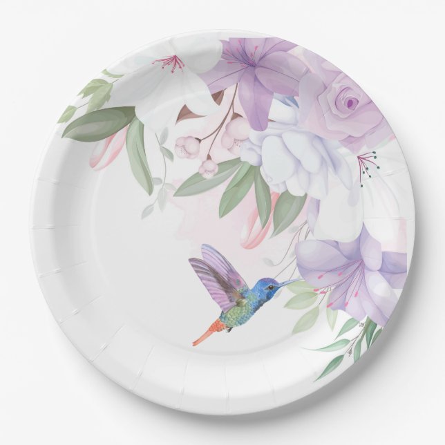 Watercolor Garden Flowers Hummingbird Bird Thanks  Paper Plates (Front)