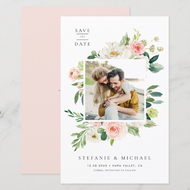 Watercolor Garden Flowers Photo Save the Date (Front/Back)