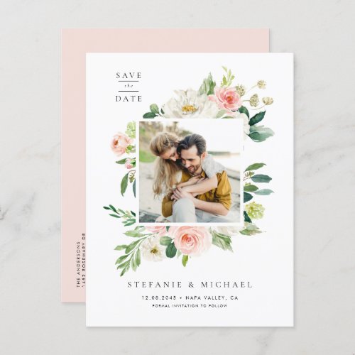 Watercolor Garden Flowers Photo Save the Date Announcement Postcard
