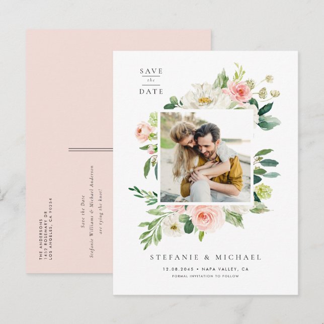 Watercolor Garden Flowers Photo Save the Date Announcement Postcard (Front/Back)