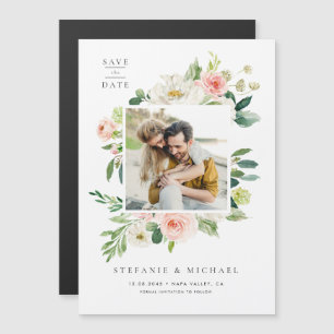 Watercolor Garden Flowers Photo Save the Date Magnetic Invitation