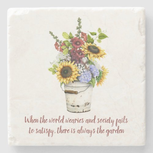 Watercolor Garden Flowers Quote Rustic Tin Bucket Stone Coaster