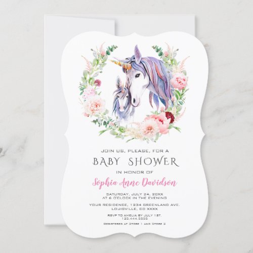 Watercolor Garden Flowers Unicorn Baby Shower Invitation