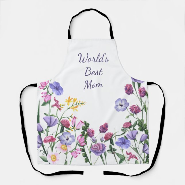 Watercolor Garden Flowers World's Best Mom   Apron (Front)