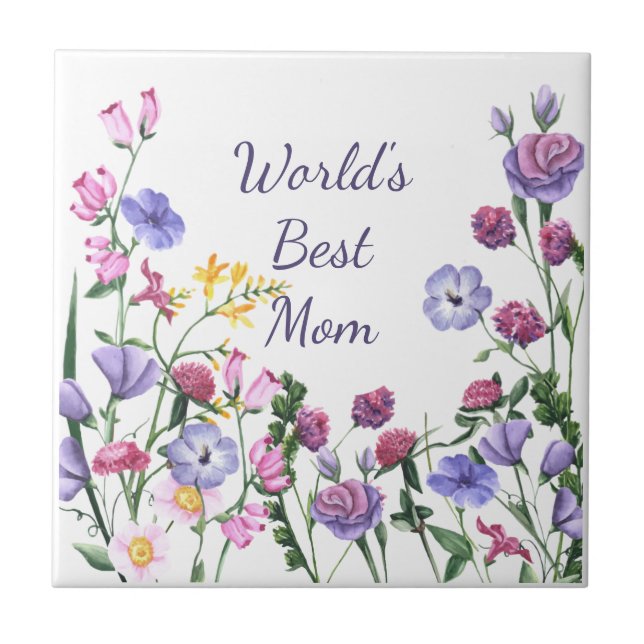 Watercolor Garden Flowers World's Best Mom  Ceramic Tile (Front)