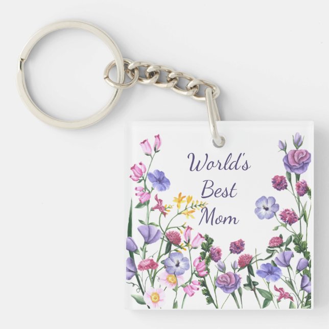 Watercolor Garden Flowers World's Best Mom  Keycha Keychain (Front)