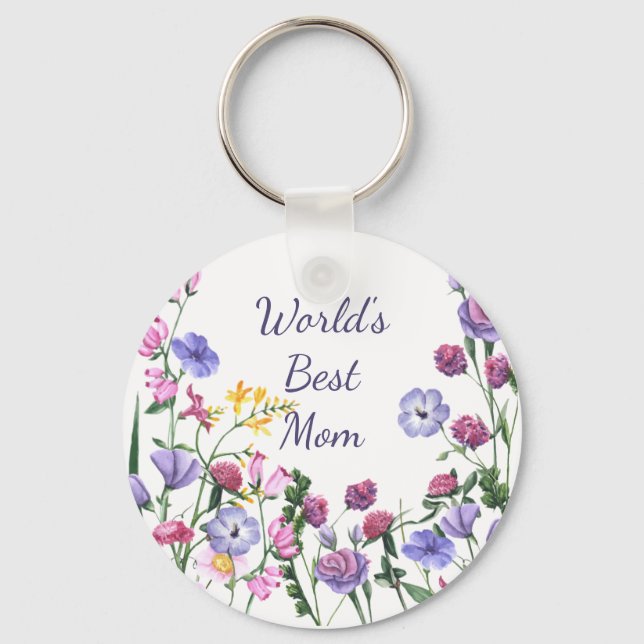 Watercolor Garden Flowers World's Best Mom  Keychain (Front)
