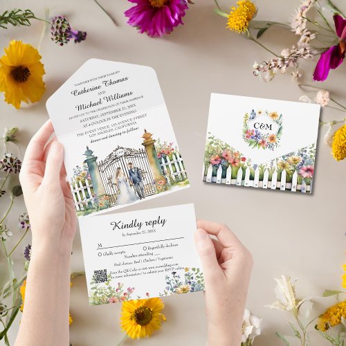 Watercolor Garden Gate Wildflowers Wedding QR Code All In One Invitation