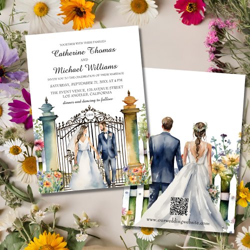 Watercolor Garden Gate Wildflowers Wedding QR Code Invitation