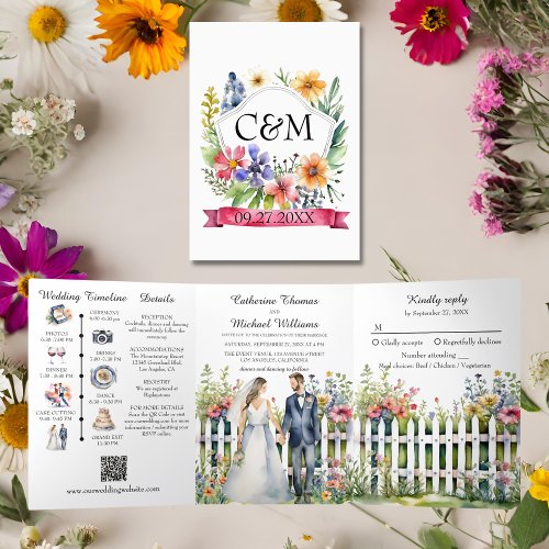 Watercolor Garden Gate Wildflowers Wedding QR Code Tri_Fold Invitation