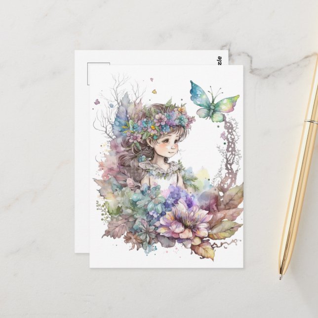 Watercolor Garden Girl - Butterfly Postcard (Front/Back In Situ)