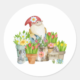 Watercolor Garden Gnome with Flowers and Cat  Classic Round Sticker
