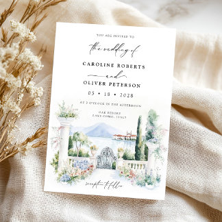 Watercolor Garden Lake Italian Landscape Wedding Invitation