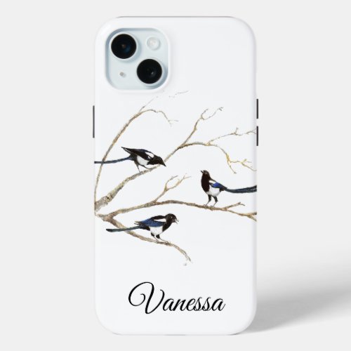 Watercolor Garden Magpie Bird Family Custom Name iPhone 15 Plus Case