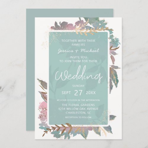 Watercolor Garden Mauve  Mint Chic Floral Wedding Invitation