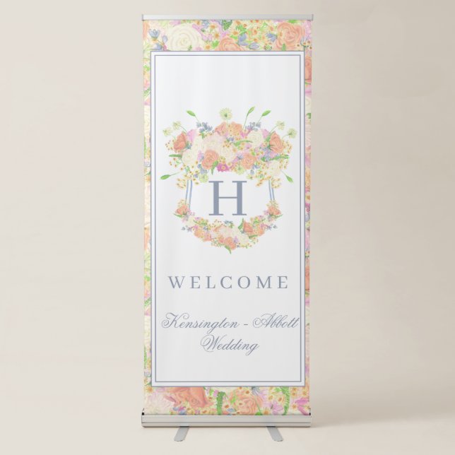Watercolor Garden Party Floral Wedding Crest Retractable Banner (Front)