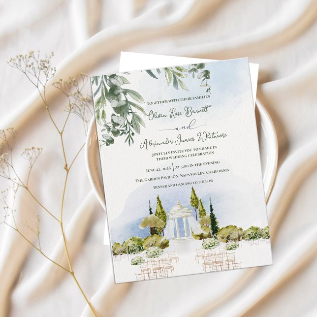 Watercolor Garden Pavilion Outdoor Wedding Invitation Postcard (Watercolor Garden Pavilion Wedding Invitation | Estate Outdoor Ceremony Botanical Invite)