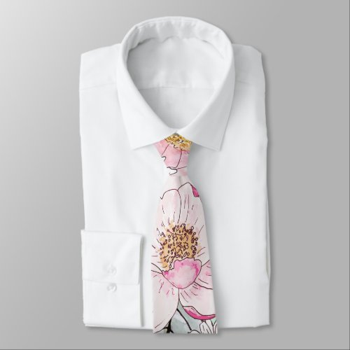 Watercolor garden peonies floral hand paint neck tie