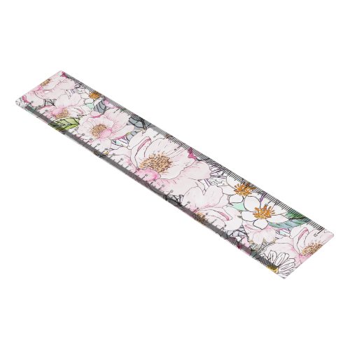 Watercolor garden peonies floral hand paint ruler