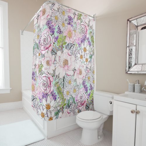Watercolor garden peonies floral hand paint shower curtain