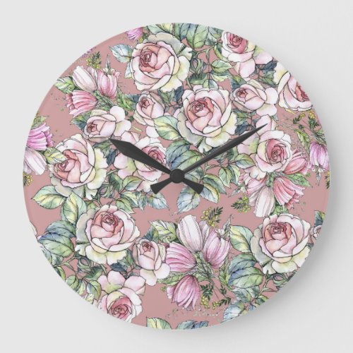 Watercolor Garden Rose Tulip Elegance Large Clock